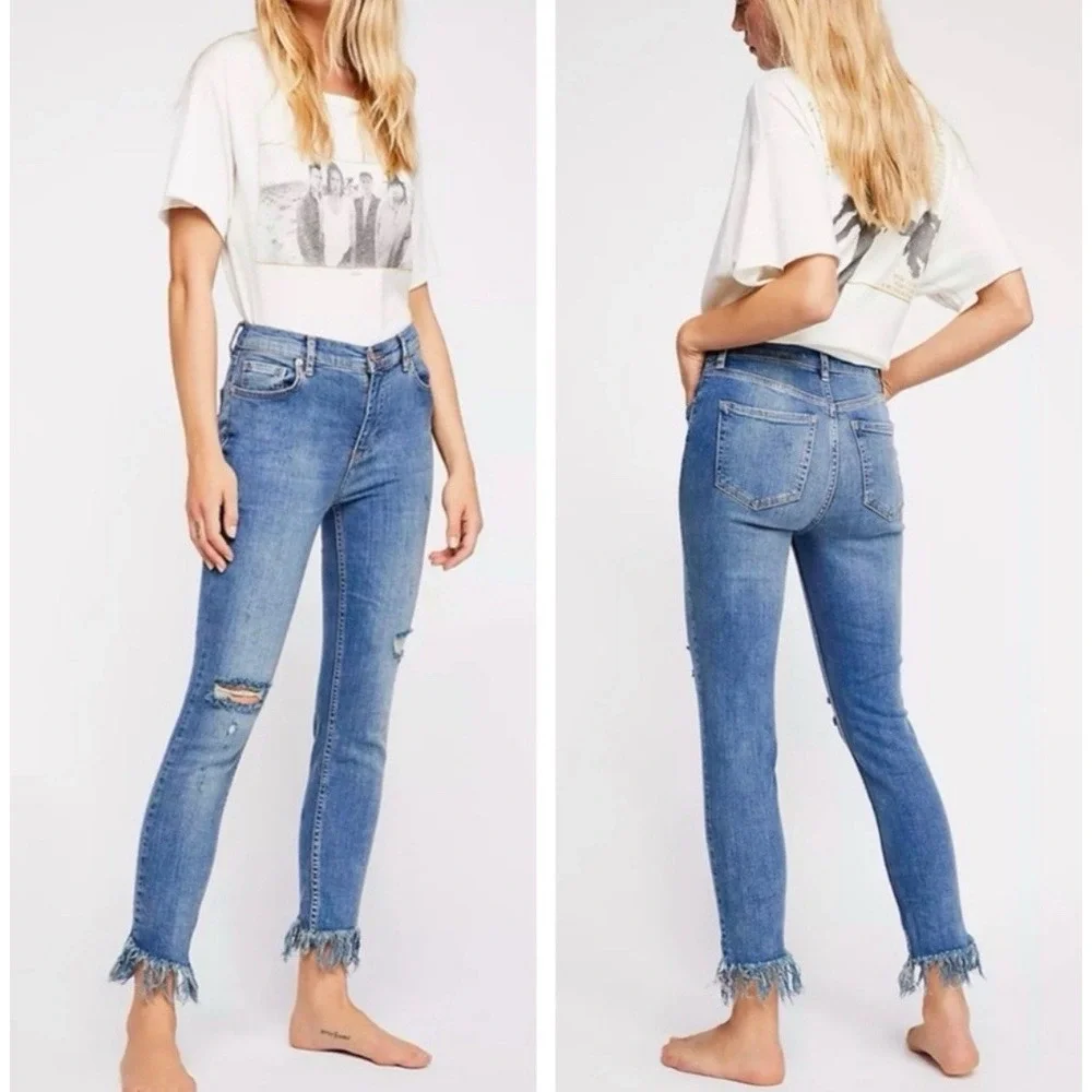 Free People Raw Hem High Rise Jeans Womens Size 26‎ Fringe Crop Ankle Boho Blue